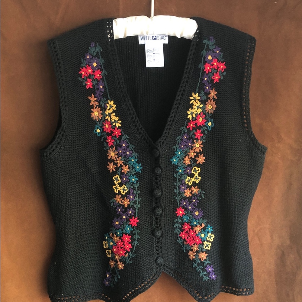 White Stag Black V-Neck Sweater Vest with Multicolor Floral Embroidery